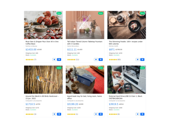Product grid with detailed product cards and new tag