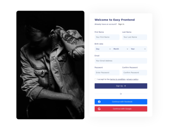 Side by side signup form | EasyFrontend