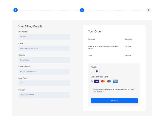 Product order billing and payment page