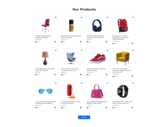 Product grid with 12 product cards and see all button