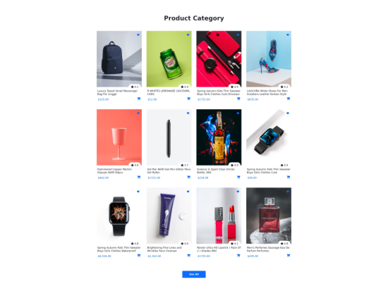 Product cards with title, rating, price and cart icon