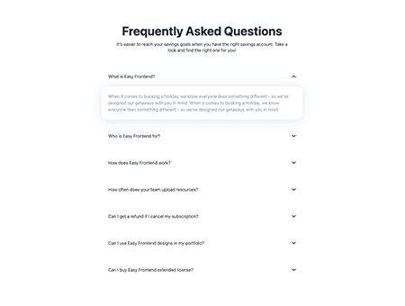 Full width single column FAQ with plus and minus arrow
