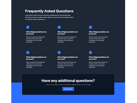 Grid system FAQ section with theme background bottom bar