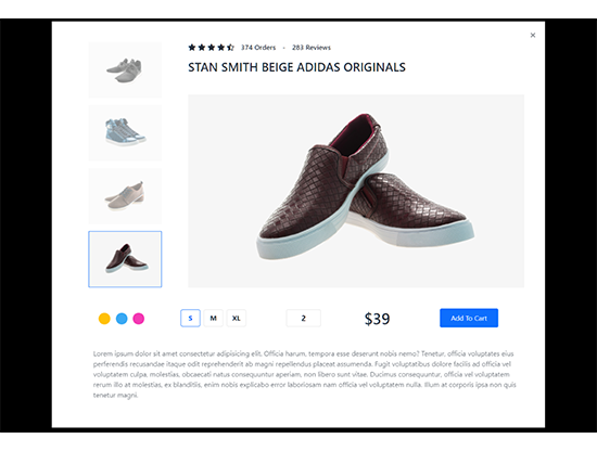 Product quick overview with big preview images and colored button, quantity field