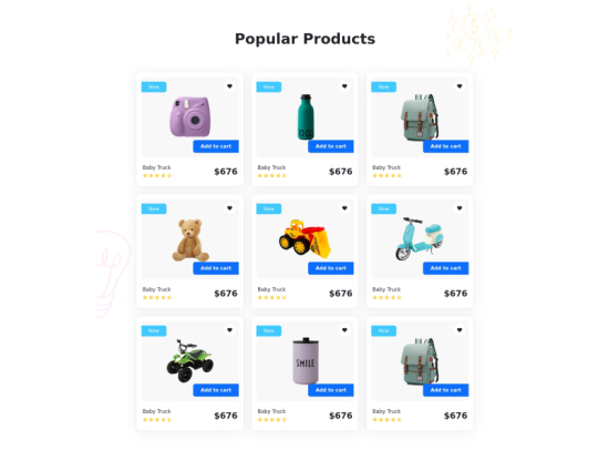 Product cards with add to cart button and new tag