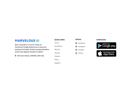 Grid Style Footer: Description, Quick Links, Social Links and App Downloads