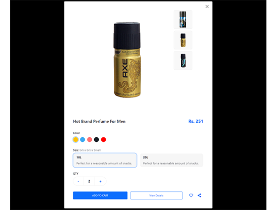 Product quick overview with colored buttons and boxed size option